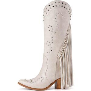 Women's Beige Rhinestone Pointed Toe Comfortable Chunky Heel Wide Calf Boots